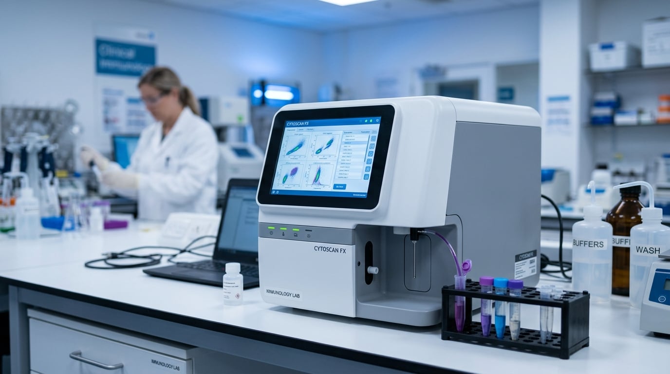 Flow cytometer for cell analysis in a clinical laboratory