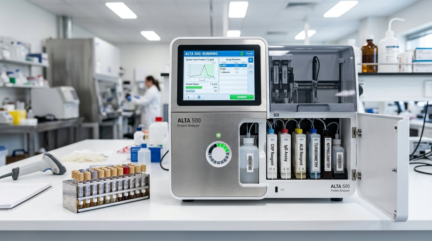 Analyzer for immunoturbidimetric and nephelometric measurement of specific proteins