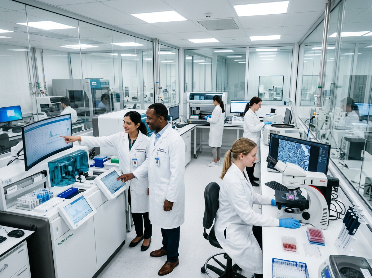 Scientists working with advanced analytical instruments in a modern clinical-trial laboratory